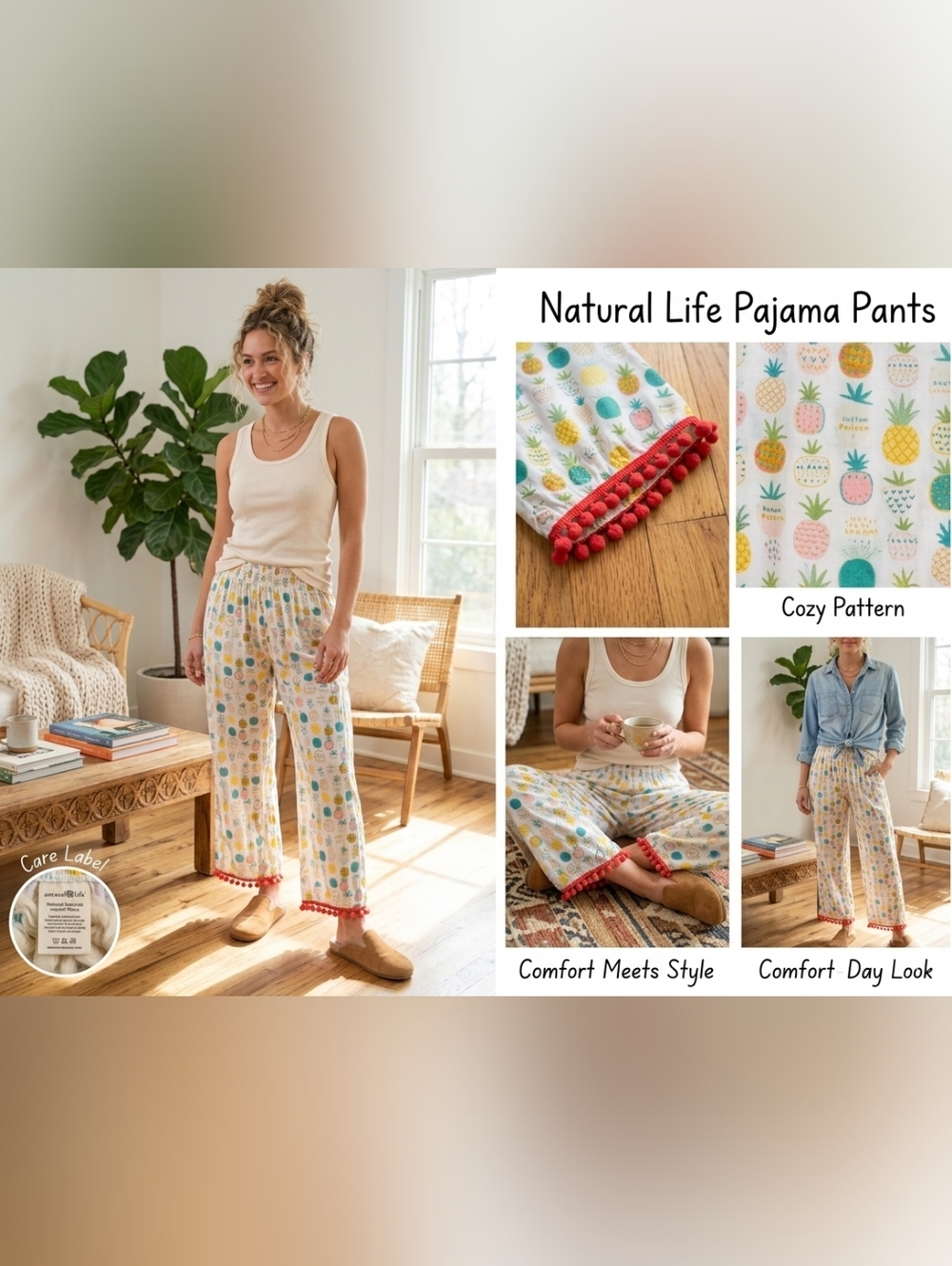 NATURAL LIFE Pineapple & Dot Print Pajama Pants with Red Pom Trim